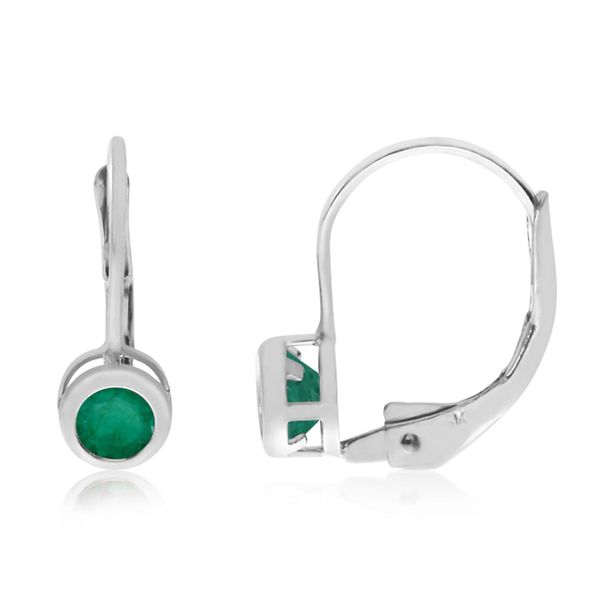 14K White Gold Round Emerald Bezel Lever-back Earrings