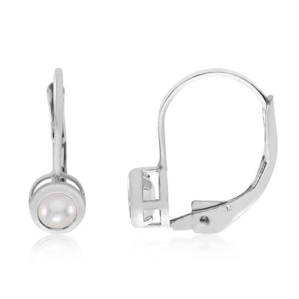 14K White Gold Round Pearl Bezel Lever-back Earrings