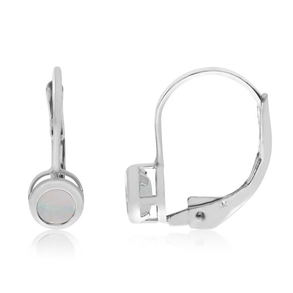 14K White Gold Round Opal Bezel Lever-back Earrings