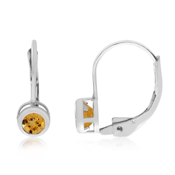 14K White Gold Round Citrine Bezel Lever-back Earrings