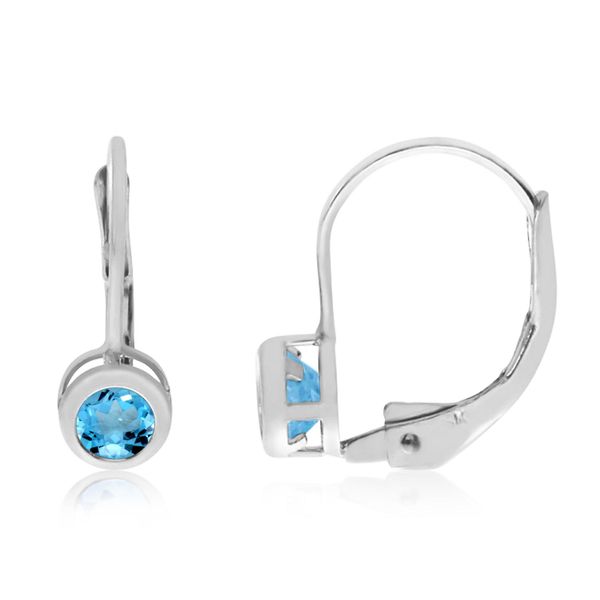 14K White Gold Round Blue Topaz Bezel Lever-back Earrings