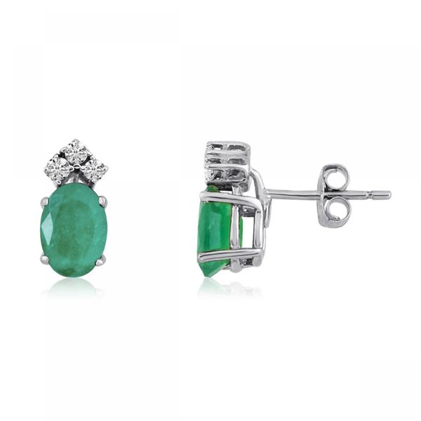 14K White Gold Oval Emerald and Diamond Earrings