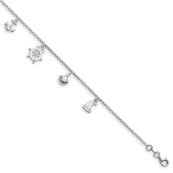 Leslie's Sterling Silver Rhodium-plated Sea Life 9in Plus 1in ext. Anklet