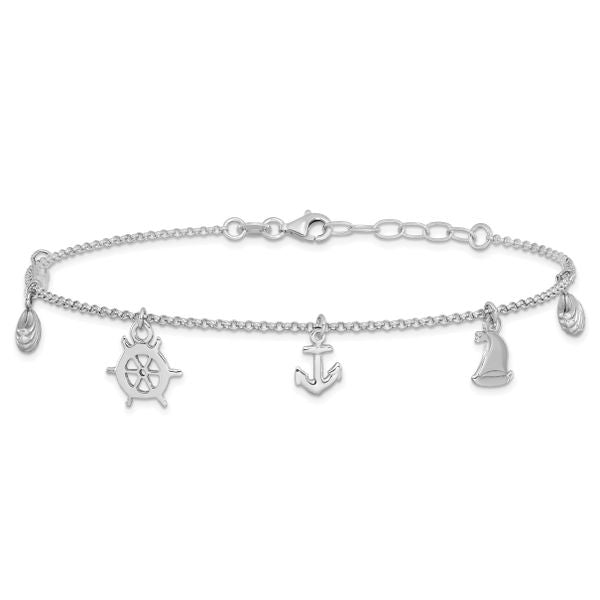 Leslie's Sterling Silver Rhodium-plated Sea Life 9in Plus 1in ext. Anklet - Image 3