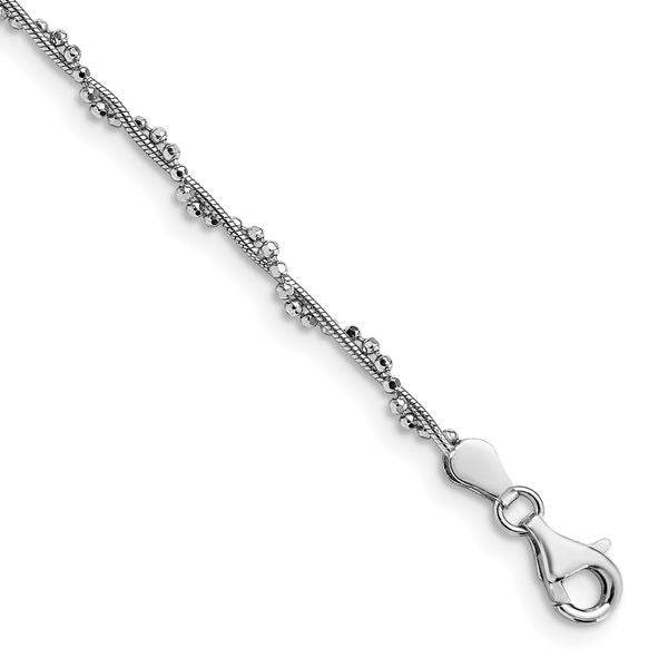 Leslie's Sterling Silver Rhodium-plated Twisted Bead 9in + 1in ext. Anklet
