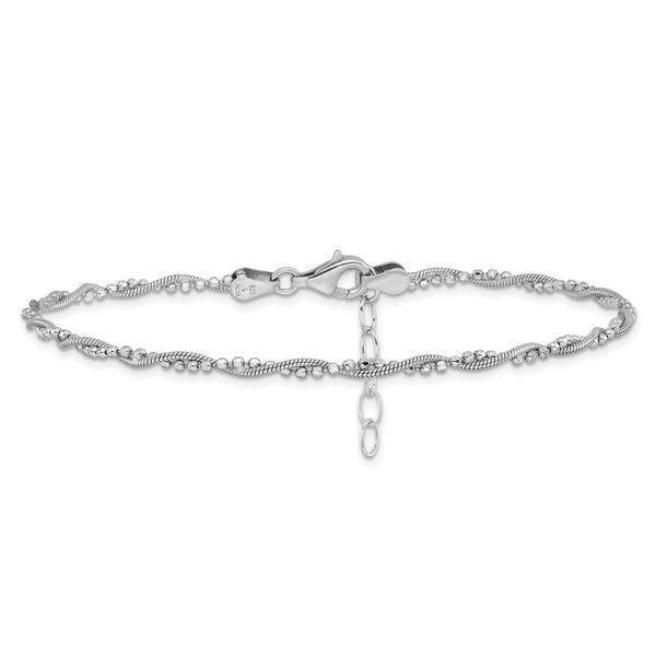 Leslie's Sterling Silver Rhodium-plated Twisted Bead 9in + 1in ext. Anklet - Image 3