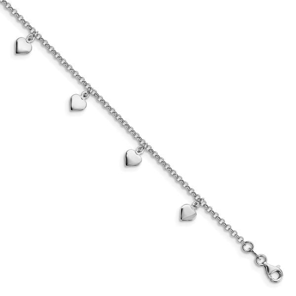 Leslie's Sterling Silver Rhodium-plated Hearts 9in Plus 1in ext. Anklet