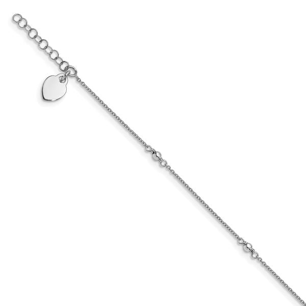 Leslie's Sterling Silver Rhodium-plated Heart Charm 9in Plus w/1in ext. Ank