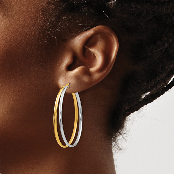 14K with Rhodium Polished Hoop Earrings - Image 3