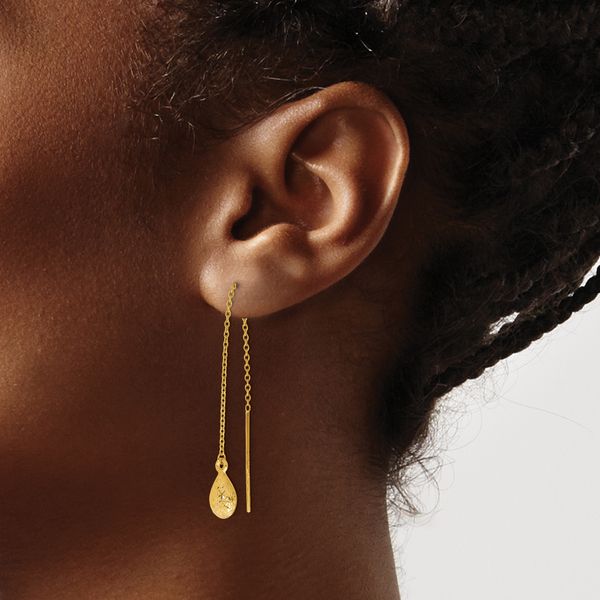 14K Polished and Textured Tear Drop Threader Earrings - Image 3