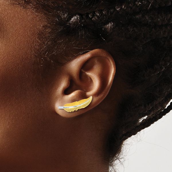 Leslie's 14K w/Rhodium Polished Feather Ear Climber Earrings - Image 3