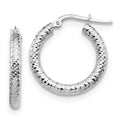 14K 3x15 with White Rhodium Plating D/C Round Hoop Earrings