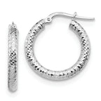 14K 3x15 with White Rhodium Plating D/C Round Hoop Earrings
