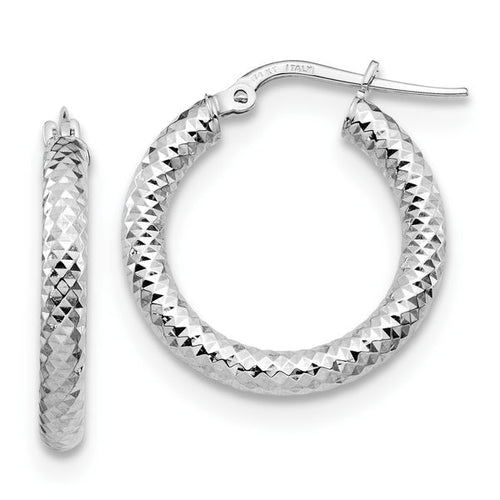 14K 3x15 with White Rhodium Plating D/C Round Hoop Earrings
