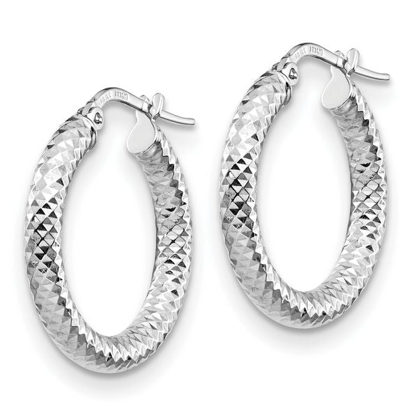 14K 3x15 with White Rhodium Plating D/C Round Hoop Earrings - Image 2