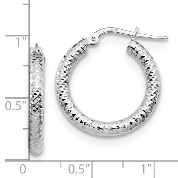 14K 3x15 with White Rhodium Plating D/C Round Hoop Earrings - Image 4