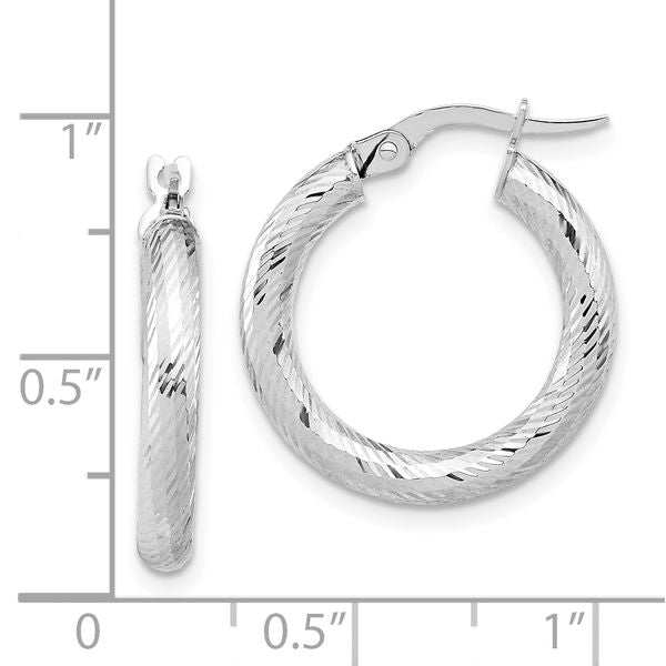 14K 3x15 with White Rhodium Plating D/C Round Hoop Earrings - Image 4