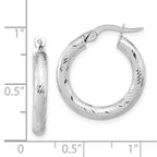 14K 3x15 with White Rhodium Plating D/C Round Hoop Earrings - Image 4