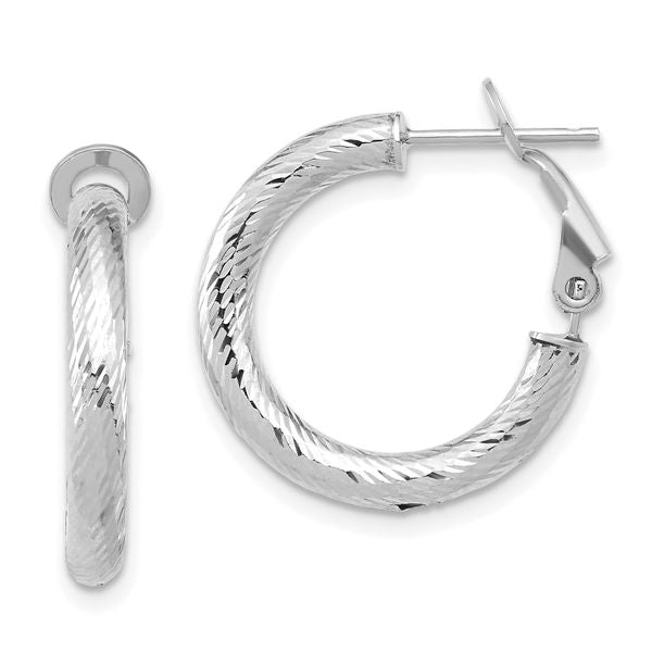 14K 3x15 w/ White Rhod Plating D/C Round Omega Back Hoop Earrings