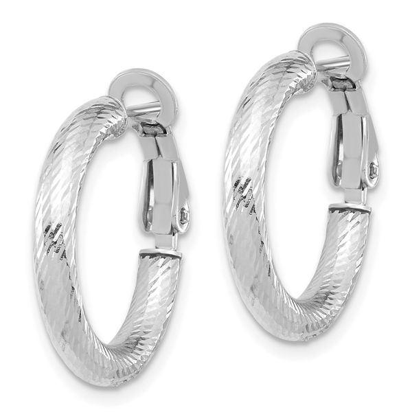 14K 3x15 w/ White Rhod Plating D/C Round Omega Back Hoop Earrings - Image 2
