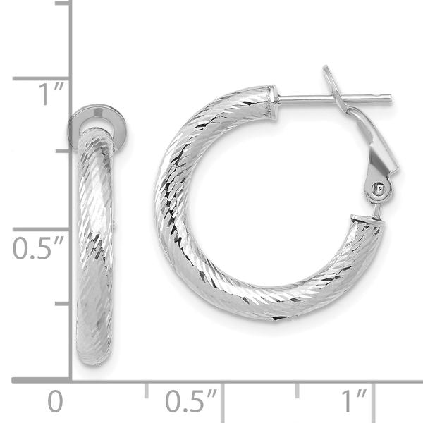14K 3x15 w/ White Rhod Plating D/C Round Omega Back Hoop Earrings - Image 4