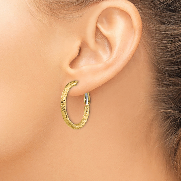 14K 3x20 D/C Round Omega Back Hoop Earrings - Image 3