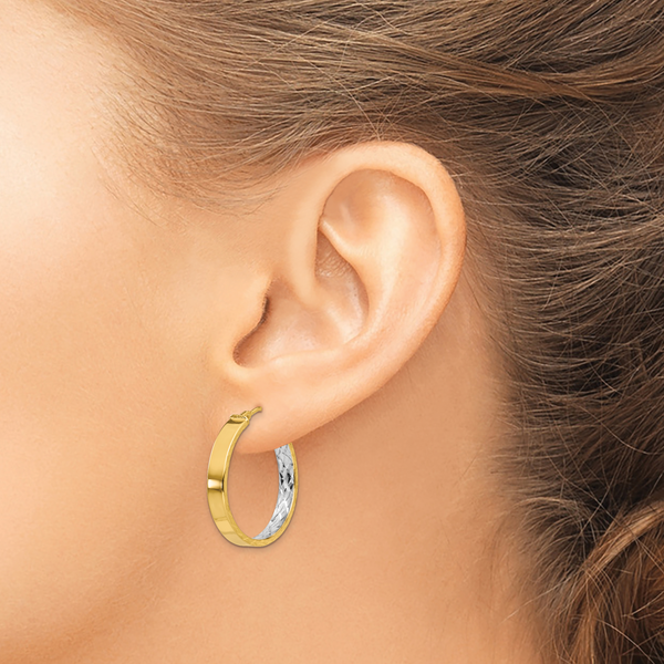 14K with White Rhodium Polished and D/C Hoop Earrings - Image 3