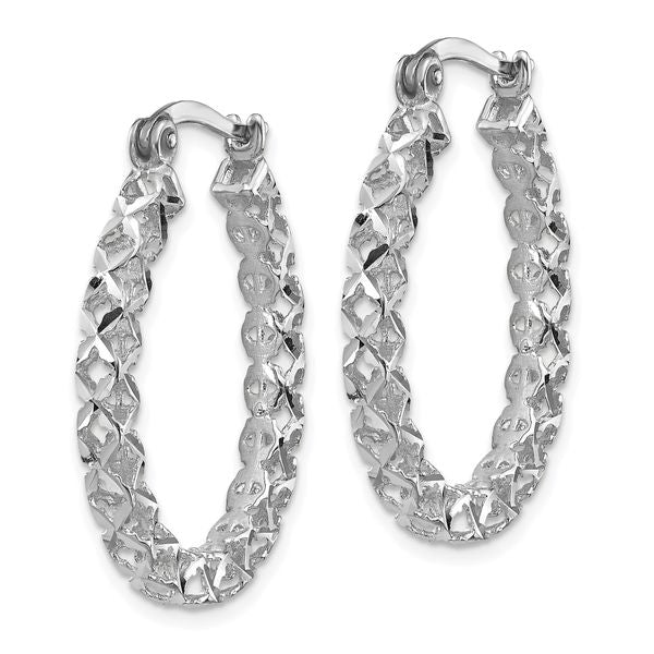 14K White Gold Polished D/C Hollow Hoop Earrings - Image 2
