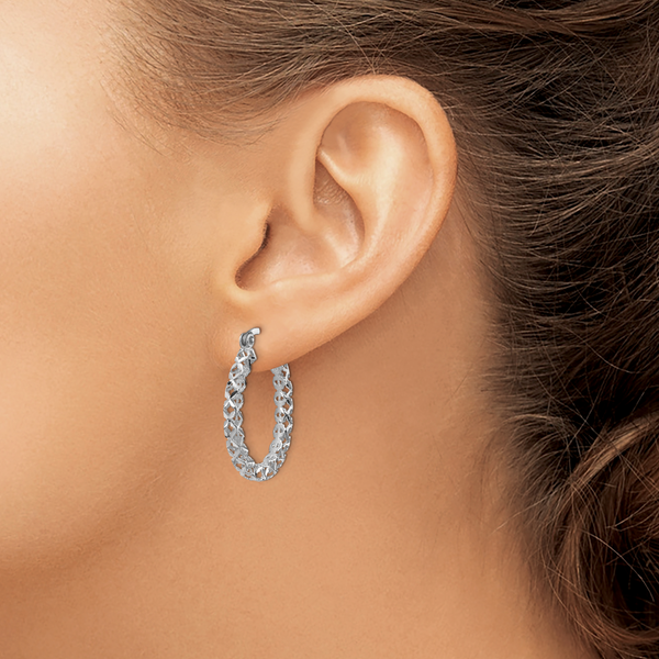 14K White Gold Polished D/C Hollow Hoop Earrings - Image 3
