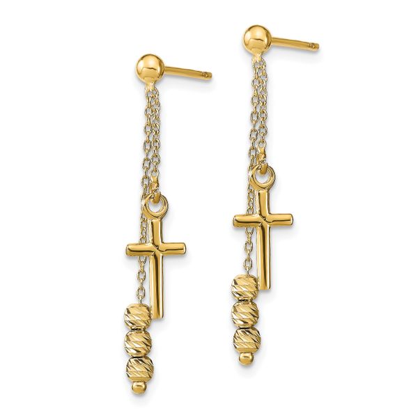 14K Polished D/C Cross Beaded Post Dangle Earrings - Image 2