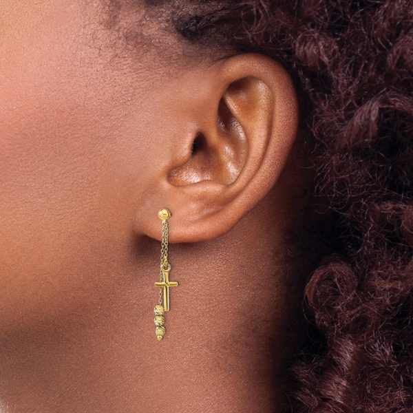 14K Polished D/C Cross Beaded Post Dangle Earrings - Image 3