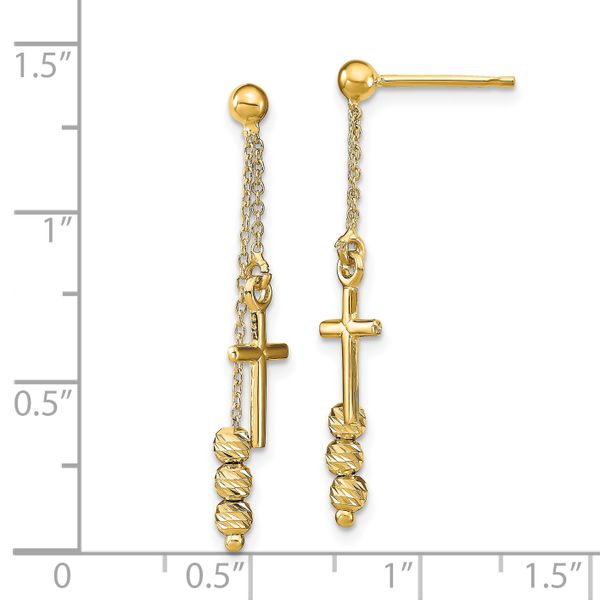 14K Polished D/C Cross Beaded Post Dangle Earrings - Image 4
