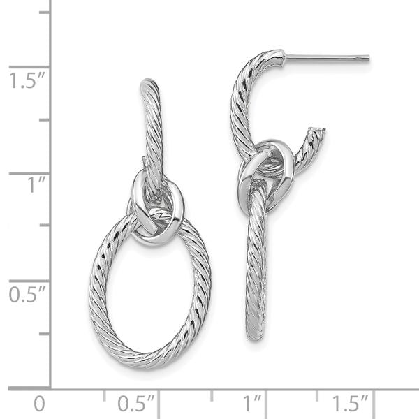 14K w/ White Rhodium Plated Polished Textured Post Dangle Earrings - Image 4