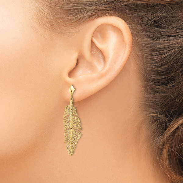Leslie's 14k Polished D/C Textured Leaf Post Dangle Earrings - Image 3