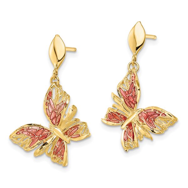 Leslie's 14k Polished D/C Pink Enamel Butterfly Post Dangle Earrings - Image 2