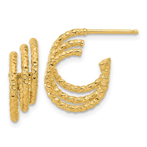 14K Polished and Hammered Post Hoop Earrings