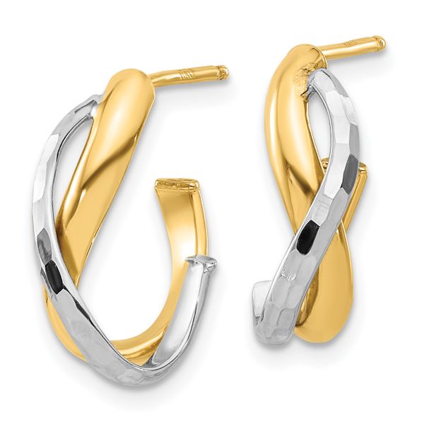 14K w/Rhodium Polished/Diamond-cut J-Hoop Post Earrings - Image 2