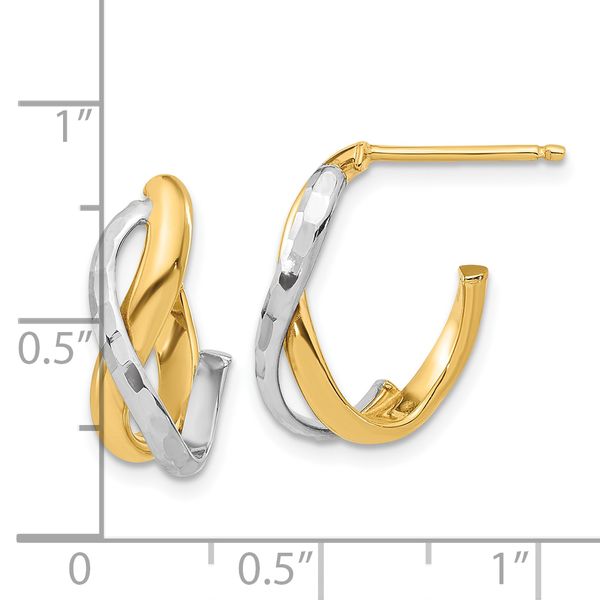 14K w/Rhodium Polished/Diamond-cut J-Hoop Post Earrings - Image 4