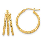 14K Polished and Textured Three Row Hoop Post Earrings