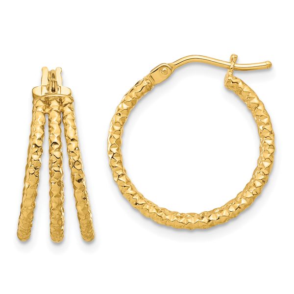14K Polished and Textured Three Row Hoop Post Earrings