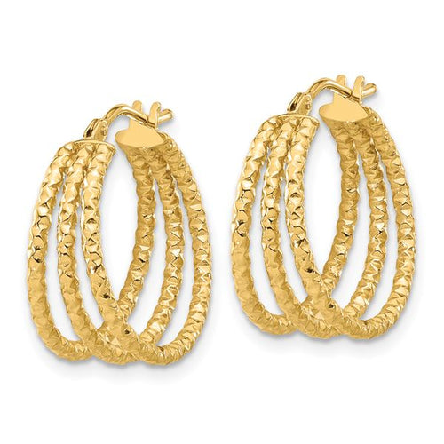 14K Polished and Textured Three Row Hoop Post Earrings - Image 2