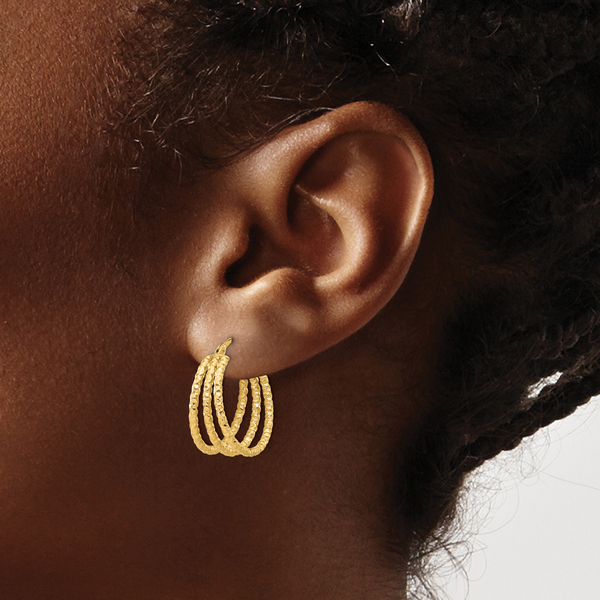 14K Polished and Textured Three Row Hoop Post Earrings - Image 3