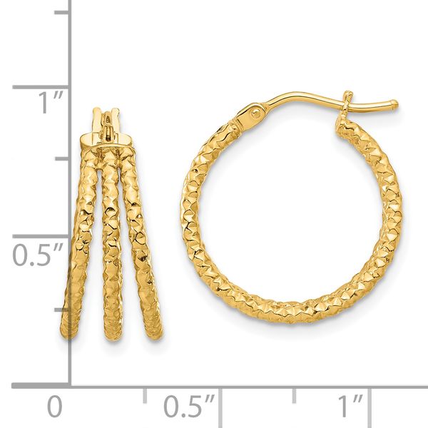 14K Polished and Textured Three Row Hoop Post Earrings - Image 4