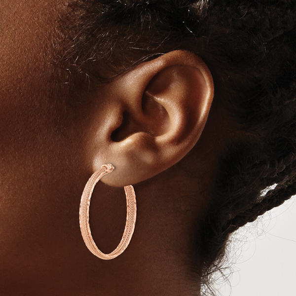 14K Rose Gold Diamond-cut and Textured Post Hoop Earrings - Image 3