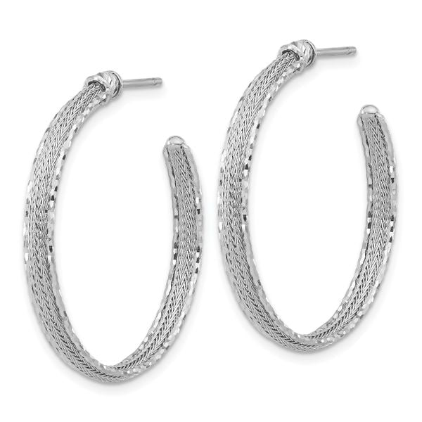 14K White Gold Diamond-cut and Textured Post Hoop Earrings - Image 2