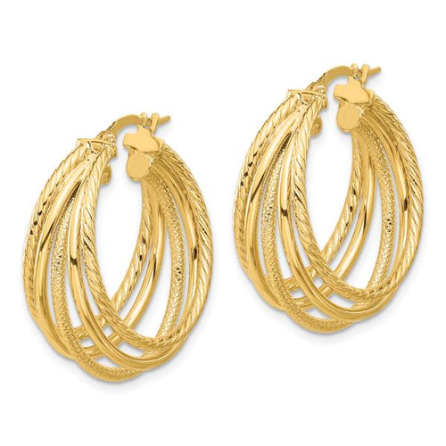 14K Polished and Multi Textured Hoop Earrings - Image 2