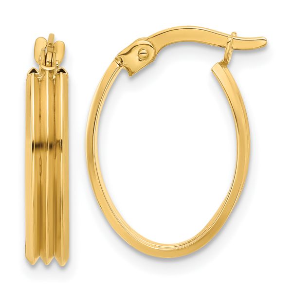 14K Polished and Grooved Oval Hoop Earrings