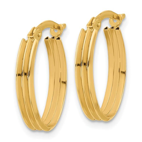14K Polished and Grooved Oval Hoop Earrings - Image 2