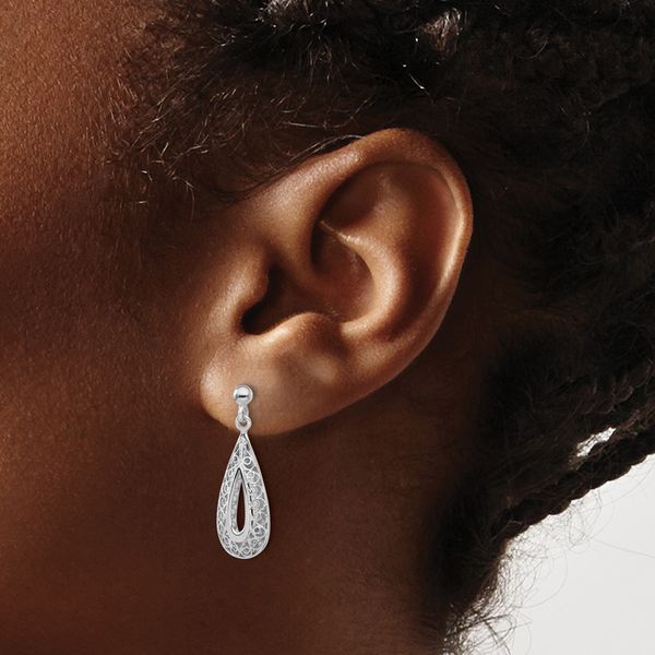 14K White Gold Filigree Teardrop Post Dangle Earrings - Image 3