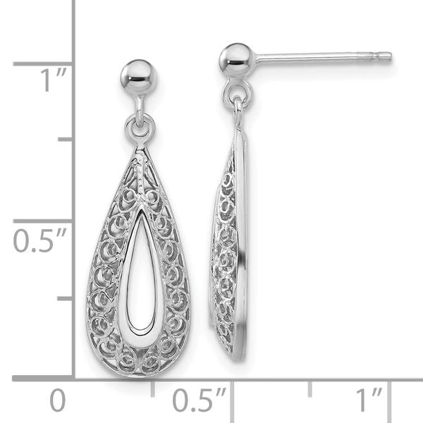 14K White Gold Filigree Teardrop Post Dangle Earrings - Image 4